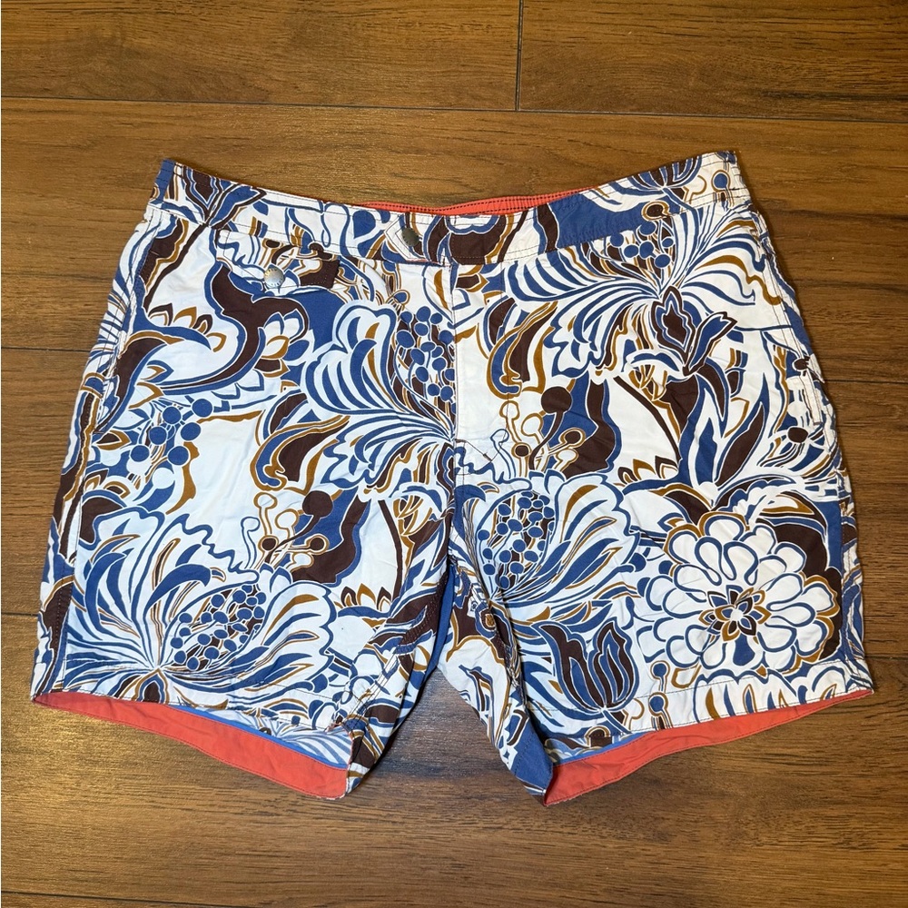 J. Crew Blue and Brown Patterned Swim Shorts